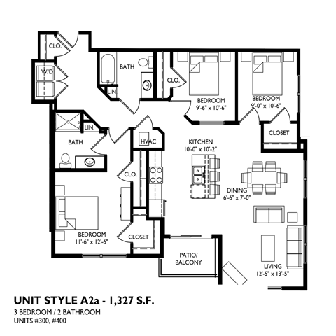 Floor plan for 3 beds, 2 baths, 1327 sqft